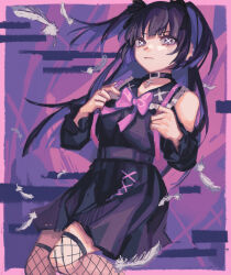 Rule 34 | 1girl, belt, black dress, black skirt, choker, closed mouth, commentary, cowboy shot, cross, cross choker, dress, eyeshadow, falling feathers, feathers, fishnets, hands up, highres, hime cut, jirai kei, long hair, looking at viewer, makeup, multicolored hair, pleated skirt, purple background, purple bag, purple belt, purple eyes, purple eyeshadow, purple hair, purple ribbon, purple sleeves, purple theme, ribbon, skirt, solo, solo focus, symbol-shaped pupils, tuyu (band), twintails, two-tone hair, under kids, x, x-shaped pupils, yuugurin