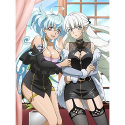 Rule 34 | 2girls, ahoge, arm grab, artist request, black legwear, blue eyes, blue hair, blush, breasts, cagliostro (symphogear), cleavage, collarbone, drill hair, garter straps, green hair, indoors, large breasts, long hair, looking at viewer, medium breasts, multiple girls, official art, open mouth, plant, potted plant, red eyes, saint-germain (symphogear), senki zesshou symphogear, smile, thighhighs