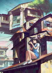 Rule 34 | 1girl, antennae, brown eyes, brown hair, camera, chong feigiap, day, highres, house, long hair, md5 mismatch, on roof, power lines, radio antenna, resized, resolution mismatch, rooftop, school uniform, shoes, sitting, sitting on roof, sky, solo, source larger, towel, tree, tree shade