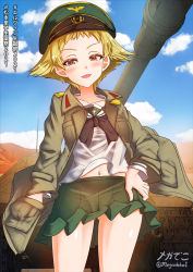 Rule 34 | 1girl, blonde hair, blush, breasts, brown eyes, erwin (girls und panzer), girls und panzer, gluteal fold, hand on own hip, hat, highres, impossible clothes, looking at viewer, medium breasts, megadeko, microskirt, military, military hat, military vehicle, motor vehicle, navel, ooarai school uniform, open mouth, pleated skirt, school uniform, short hair, skirt, smile, solo, tank, translation request
