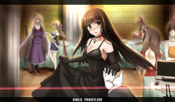 Rule 34 | 6+girls, :d, alternate costume, backless dress, backless outfit, black dress, black gloves, black hair, blue dress, blurry, blush, breasts, brown eyes, cleavage, commentary request, copyright name, covered navel, depth of field, dress, elbow gloves, eyepatch, girls&#039; frontline, gloves, gun, highres, indoors, jewelry, kar98k (girls&#039; frontline), m16, m16a1, m16a1 (girls&#039; frontline), m4 sopmod ii (girls&#039; frontline), m4a1 (girls&#039; frontline), mag (mag42), medium breasts, multicolored hair, multiple girls, necklace, open mouth, orange dress, personification, pillar, pov, pov hands, purple dress, red dress, red eyes, rifle, smile, springfield (girls&#039; frontline), streaked hair, type 56-1 (girls&#039; frontline), weapon, white gloves