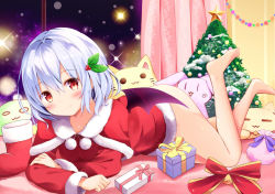 Rule 34 | 1girl, :3, = =, arm support, barefoot, bat wings, bell, blush, boots, unworn boots, breasts, christmas ornaments, christmas tree, collarbone, commentary request, curtains, gift, hair between eyes, hair ornament, hyurasan, indoors, leaf hair ornament, light purple hair, looking at viewer, lying, medium breasts, on stomach, red eyes, red ribbon, remilia scarlet, ribbon, santa costume, short hair, sky, smile, solo, sparkle, star (sky), star (symbol), starry sky, stuffed animal, stuffed cat, stuffed toy, the pose, touhou, wings, | |