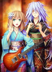 Rule 34 | 2girls, 440, brown hair, electric guitar, flower, green eyes, guitar, hair flower, hair ornament, instrument, japanese clothes, kimono, looking at viewer, multiple girls, open mouth, original, purple hair, smile, v, yellow eyes