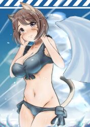 Rule 34 | 1girl, absurdres, animal ears, bikini, blue bikini, blush, braid, breasts, brown eyes, brown hair, cat ears, cat tail, cleavage, closed mouth, highres, in water, large breasts, looking at viewer, luminous witches, navel, outdoors, shibuya inori, short hair, sky, solo, swimsuit, tail, tama kitsune, world witches series