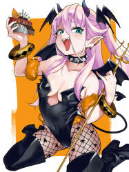 Rule 34 | 1girl, absurdres, bangle, blue eyes, blush, boots, bracelet, breasts, cake, cake slice, cameltoe, collar, covered navel, demon girl, demon horns, demon tail, demon wings, ear piercing, earrings, eyeball, fang, fishnet pantyhose, fishnets, food, fur armlet, halloween, head wings, highres, hiromusan, holding, holding food, holding pitchfork, horns, jewelry, leotard, long hair, looking at viewer, medium breasts, mole, mole under eye, multiple piercings, open mouth, original, pantyhose, piercing, pink hair, pinky out, pitchfork, pointy ears, sitting, smile, solo, spiked collar, spikes, strapless, strapless leotard, tail, thigh boots, two side up, very long hair, wariza, wings