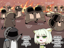 Rule 34 | 1girl, 6+others, aether (genshin impact), ambiguous gender, animal ear fluff, animal ears, arknights, bare shoulders, black coat, black jacket, blonde hair, breasts, cat girl, chibi, cleavage, coat, comic, commentary, doctor (arknights), dress, english commentary, english text, fighting, fire, genshin impact, green dress, green eyes, grey hair, holding, holding torch, hood, hood up, hooded coat, hooded jacket, jacket, kal&#039;tsit (arknights), kinohara kossuta, long hair, lumine (genshin impact), multiple others, off-shoulder dress, off shoulder, open mouth, pointing, ponytail, running, short hair, small breasts, torch