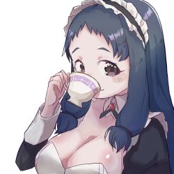 Rule 34 | 1girl, alternate costume, blue hair, blush, breasts, cleavage, cup, dark blue hair, detached collar, drinking, enmaided, goodbye bitmap, holding, holding cup, idolmaster, idolmaster cinderella girls, juliet sleeves, large breasts, long hair, long sleeves, looking at viewer, maid, maid headdress, ohnuma kurumi, puffy sleeves, sidelocks, simple background, smile, solo, teacup, upper body, very long hair, white background