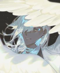 Rule 34 | 1boy, close-up, collared shirt, commentary, dark background, earrings, feathered wings, gear (gear 990), grin, hair over one eye, highres, jewelry, looking at viewer, male focus, medium hair, portrait, shirt, silver hair, smile, solo, tassel, tassel earrings, teeth, virtual youtuber, white shirt, white wings, wings, yellow eyes
