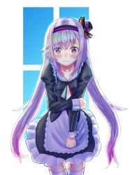 Rule 34 | .live, 1girl, alternate costume, apron, blush, carro pino, collarbone, embarrassed, hat, headband, highres, konsome, looking at viewer, purple eyes, purple hair, simple background, solo, thighhighs, virtual youtuber