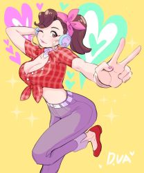 Rule 34 | 1girl, ;), alternate hairstyle, arm behind head, arm up, bad id, bad twitter id, belt, breasts, brown eyes, brown hair, character name, cleavage, closed mouth, cowboy shot, crop top, cruiser d.va, d.va (overwatch), earrings, fingernails, front-tie top, hand on own head, hand up, headphones, heart, high heels, hoop earrings, jewelry, jocheong, leg up, lipstick, looking at viewer, makeup, nail polish, neck ribbon, official alternate costume, one eye closed, overwatch, overwatch 1, pants, pink lips, pink nails, plaid, plaid shirt, ponytail, pumps, red footwear, red shirt, ribbon, shirt, shoes, short hair, smile, solo, sparkle, standing, standing on one leg, unbuttoned, unbuttoned shirt, white belt, white ribbon, yellow background