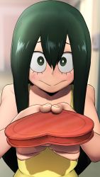 Rule 34 | 1girl, :&gt;, asui tsuyu, bare shoulders, blurry, blurry background, boku no hero academia, box, bright pupils, commentary, dress, english commentary, greatm8, green eyes, green hair, hair between eyes, hallway, heart-shaped box, highres, indoors, long hair, looking at viewer, school, sidelocks, solo, source filmmaker (medium), upper body, valentine, white pupils, yellow dress