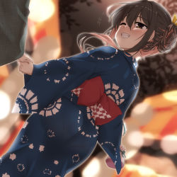 Rule 34 | 1boy, 1girl, ;d, blue kimono, brown hair, colored inner hair, festival, from behind, hair between eyes, hair bun, holding, holding hands, japanese clothes, kantai collection, kimono, kinchaku, long hair, multicolored hair, naganami (kancolle), night, night sky, obi, official alternate costume, one eye closed, open mouth, parted lips, pink hair, pouch, sash, sky, smile, two-tone hair, yellow eyes, yoshi tama, yukata