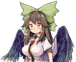 Rule 34 | 1girl, alternate eye color, bird wings, black wings, blush, bow, breasts, brown hair, cape, closed mouth, collared shirt, commentary request, expressionless, frilled shirt collar, frills, green bow, hair bow, highres, large breasts, long hair, looking at viewer, reiuji utsuho, ringed eyes, shirt, short sleeves, simple background, solo, split mouth, tatuhiro, third eye, touhou, upper body, white background, white cape, white shirt, wings, yellow eyes