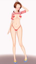 Rule 34 | 1girl, 3d, antenna hair, artist request, blush, breasts, brown hair, creatures (company), delia ketchum, female pubic hair, full body, game freak, heart pasties, highres, large breasts, long hair, nintendo, no bra, panties, pasties, pokemon, pokemon (anime), pokemon (classic anime), ponytail, pubic hair, red panties, shiny skin, side-tie panties, simple background, smile, solo, thong, underwear
