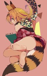 Rule 34 | 1girl, animal ears, ass, bare legs, bare shoulders, barefoot, brown hair, dated, extra ears, from behind, highres, kemono friends, crossed legs, long hair, looking at viewer, multicolored hair, nanana (nanana iz), no pants, off shoulder, open mouth, orange hair, scarf, serval (kemono friends), sideways glance, soles, solo, tail, toes, two-tone hair