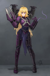Rule 34 | 1girl, absurdres, ahoge, armor, blonde hair, chaos (warhammer), claws, colored tongue, commission, crossover, fleur-de-lis, gauntlets, highres, long hair, papercroft, power armor, purple eyes, purple tongue, rwby, slaanesh, slaanesh (symbol), solo, thighhighs, warhammer 40k, wavy hair, yang xiao long