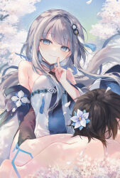 Rule 34 | 1boy, 1girl, bare shoulders, black hair, black sleeves, blue eyes, blush, branch, breasts, closed eyes, closed mouth, commentary request, day, detached sleeves, dress, finger to mouth, floating hair, flower, genshin impact, grey hair, guizhong (genshin impact), hair between eyes, hair flower, hair intakes, hair ornament, hand up, lap pillow, long hair, long sleeves, looking at viewer, outdoors, petals, shushing, silltare, small breasts, smile, very long hair, white dress, white flower, wide sleeves, zhongli (genshin impact)