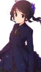 Rule 34 | 1girl, ahoge, akiyama mio, atu, black dress, black eyes, black hair, black neckwear, blue coat, buttons, closed mouth, coat, collared coat, commentary, cross, dress, flower, hair flower, hair ornament, highres, jewelry, k-on!, long hair, long sleeves, looking at viewer, necklace, purple flower, simple background, solo, standing, twitter username, upper body, white background