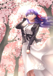 Rule 34 | 1girl, aged up, black jacket, black ribbon, collarbone, dappled sunlight, day, dress, fate/stay night, fate (series), floating hair, from below, grin, hair between eyes, hair ribbon, highres, jacket, long dress, long hair, long sleeves, matou sakura, motion blur, official alternate costume, open clothes, open jacket, outdoors, petals, purple eyes, purple hair, red ribbon, ribbon, rna (angel-smelter), smile, solo, spring (season), standing, sunlight, twitter username, very long hair, watermark, white dress
