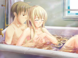 Rule 34 | 10s, 1boy, 1girl, bath, blind, blonde hair, breast touch, breasts, brown eyes, brown hair, closed eyes, green hair, highres, katawa shoujo, long hair, mixed-sex bathing, nude, satou lilly, shared bathing, smile, wet