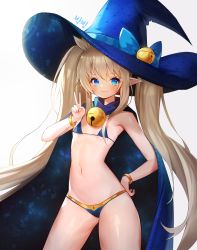 Rule 34 | 1girl, absurdres, annyeongbangawo, bell, bikini, blue bikini, blue bow, blue cape, blue eyes, blue hat, blush, bow, cape, character request, closed mouth, dungeon and fighter, grey background, hair between eyes, hand on own hip, hand up, hat, hat bell, hat bow, highres, huge filesize, jingle bell, light brown hair, long hair, pointy ears, smile, solo, swimsuit, twintails, v, very long hair, white background, witch hat