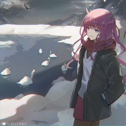 Rule 34 | 1girl, bird, chromatic aberration, cloud, cloudy sky, coat, dolphenry, hawk, heterochromia, hololive, hololive english, horns, irys (hololive), jacket, looking at viewer, mountain, pink hair, pond, scarf, sky, smile, snow, swan, sweater, v-neck, virtual youtuber