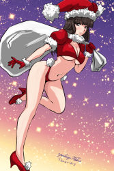 Rule 34 | 1girl, alternate costume, artist name, bikini, black eyes, black hair, blunt bangs, boots, breasts, christmas, cleavage, closed mouth, commentary, crop top, dated, full body, fur-trimmed shirt, fur trim, girls und panzer, gloves, gradient sky, half-closed eyes, hat, high heel boots, high heels, holding, holding sack, large breasts, leaning forward, leg up, light frown, long hair, looking at viewer, matsui yasutsugu, mature female, nishizumi shiho, over shoulder, puffy short sleeves, puffy sleeves, red footwear, red gloves, red hat, red shirt, sack, santa bikini, santa gloves, santa hat, shirt, short sleeves, signature, sky, solo, standing, standing on one leg, star (sky), starry sky, straight hair, swimsuit, underboob