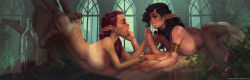Rule 34 | 2boys, 2girls, 69, armband, artist name, bisexual, bisexual female, bottle, bracelet, braid, breasts, brown eyes, brown hair, calm (artist), choker, couch, dark skin, earrings, elf, erection, eye contact, flower, food, fruit, garden, glass, green eyes, hand to head, happy sex, jewelry, large penis, looking at another, multiple boys, multiple girls, nude, oral, outdoors, pear, penis, pointy ears, red hair, ring, rose, sideboob, single braid, smile, spread legs, tan, tanline, tongue, tongue out, uncensored, veins, veiny penis, wavy hair, window