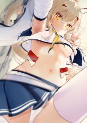 Rule 34 | 1girl, absurdres, armpits, ascot, ayanami (azur lane), azur lane, bandaid, bandaid on arm, belt, blurry, breasts, commentary request, depth of field, detached sleeves, eyes visible through hair, from below, groin, hair ornament, hairclip, hand up, headgear, highres, holding, holding sword, holding weapon, long hair, looking at viewer, looking down, medium breasts, midriff, navel, oshida bob, panties, pantyshot, parted lips, pleated skirt, ponytail, retrofit (azur lane), ribbon-trimmed sleeves, ribbon trim, school uniform, serafuku, shaded face, sidelocks, silver hair, skirt, solo, sword, thighhighs, thighs, underboob, underwear, v, weapon, white panties, white thighhighs, wide sleeves, yellow eyes, zettai ryouiki