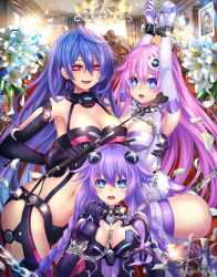 Rule 34 | 10s, 3girls, :d, :o, arms up, bad id, bad pixiv id, bdsm, beluga dolphin, blue eyes, blue hair, blush, bodysuit, bondage, bound, braid, breasts, chain, chandelier, cleavage, cleavage cutout, clothing cutout, collar, cuffs, dominatrix, elbow gloves, embarrassed, female focus, femdom, flower, gloves, hair between eyes, hair ornament, highres, histoire, hug, indoors, iris heart, kami jigen game neptune v, large breasts, leash, leotard, linked collar, long hair, looking at viewer, medium breasts, multiple girls, naughty face, navel, nepgear, neptune (neptunia), neptune (series), open mouth, painting (object), petals, pink hair, portrait, power symbol, power symbol-shaped pupils, purple hair, purple heart (neptunia), purple sister, pururut, red eyes, revealing clothes, riding crop, shy, siblings, signature, sisters, slave, smile, spiked collar, spikes, symbol-shaped pupils, twin braids, very long hair, yuri