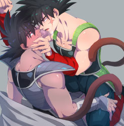 Rule 34 | 2boys, after kiss, anamogu (kuro771017), bara, bardock, black hair, black pants, blush, cheek press, chest armor, dark-skinned male, dark skin, dragon ball, dragonball z, eye contact, facial scar, highres, large pectorals, looking at another, male focus, monkey tail, multiple boys, muscular, muscular male, on person, pants, pectorals, saiyan armor, saliva, saliva trail, scar, scar on cheek, scar on face, short hair, sitting, sitting on person, spiked hair, tail, tongue, tongue out, tullece, vambraces, yaoi