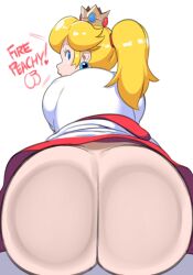 Rule 34 | 1girl, absurdres, against fourth wall, ass, ass focus, ass press, blonde hair, blue eyes, crown, dress, earrings, elbow gloves, fire peach, fourth wall, gloves, highres, huge ass, jewelry, long hair, looking at viewer, mario (series), nintendo, open mouth, ponytail, princess peach, puffy short sleeves, puffy sleeves, short sleeves, solo, sphere earrings, super mario 3d world, tobias leviathan, white dress, white gloves