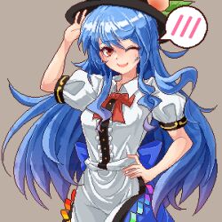Rule 34 | 1girl, :d, adjusting clothes, adjusting headwear, apron, back bow, black headwear, blue bow, blue hair, blue skirt, blush, bow, brown background, buttons, chinese commentary, collared shirt, commentary request, eaglov, food, frilled shirt, frills, fruit, gradient hair, hair between eyes, hand on own hip, hand up, highres, hinanawi tenshi, leaf hat ornament, long hair, looking at viewer, multicolored hair, neck ribbon, one eye closed, open mouth, peach, peach hat ornament, pink eyes, pixel art, puffy sleeves, rainbow order, red ribbon, ribbon, shirt, skirt, smile, solo, speech bubble, teeth, touhou, upper body, upper teeth only, waist apron, white apron, white shirt