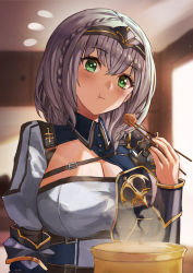 Rule 34 | 1girl, :t, armor, artist name, blue shirt, blurry, blurry background, blush, breasts, center opening, cherre, chopsticks, cleavage, closed mouth, collared shirt, commentary, eating, green eyes, hair between eyes, highres, holding, holding chopsticks, hololive, indoors, large breasts, looking at viewer, shirogane noel, shirogane noel (1st costume), shirt, short hair, shoulder armor, signature, silver hair, sitting, solo, steam, sunlight, tiara, two-tone shirt, virtual youtuber, white shirt, wing collar