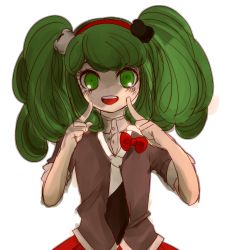Rule 34 | 1girl, arms up, bear hair ornament, bow, child, collared shirt, cosplay, danganronpa (series), danganronpa another episode: ultra despair girls, eyebrows hidden by hair, fingers to cheeks, green eyes, green hair, hair ornament, hairband, hands up, headband, headwear request, long eyelashes, long hair, looking at viewer, necktie, open mouth, pleated skirt, red bow, red hairband, red headband, red headwear, red skirt, shirt, short sleeves, simple background, skirt, teeth, towa monaca, twintails, upper body, upper teeth only, white background, white neckwear