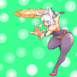 Rule 34 | 1girl, :p, alternate costume, animal ears, backless outfit, bare shoulders, battle bunny riven, belt, rabbit ears, carrot, green background, league of legends, orange eyes, pantyhose, riven (league of legends), short hair, solo, sword, thick thighs, thighs, tongue, tongue out, trombe, trome, weapon, white hair
