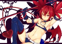 Rule 34 | 1girl, :3, armpits, bat wings, belt, boots, choker, demon girl, demon tail, disgaea, earrings, elder spear, etna (disgaea), flat chest, gloves, jewelry, looking at viewer, makai penguin, nippon ichi, pointy ears, polearm, prinny, red eyes, red hair, short hair, slit pupils, spear, tail, thigh boots, thighhighs, twintails, weapon, wings