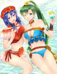 Rule 34 | 2girls, alternate costume, asymmetrical bangs, bare shoulders, beach, bikini, blue bikini, blue eyes, blue hair, breasts, cleavage, cleavage cutout, clenched hand, clothing cutout, cup, drink, drinking glass, drinking straw, earrings, eyebrows hidden by hair, eyes visible through hair, female focus, fire emblem, fire emblem: the binding blade, fire emblem: the blazing blade, fire emblem heroes, flower, from above, green eyes, green hair, hair between eyes, hair flower, hair ornament, hand up, head wreath, high ponytail, holding, holding cup, holding drink, jewelry, large breasts, lilina (fire emblem), lilina (summer) (fire emblem), long hair, looking at viewer, looking up, lyn (fire emblem), lyn (summer) (fire emblem), matching hair/eyes, medium breasts, midriff, mother and daughter, multiple girls, navel, neck, necklace, nintendo, official alternate costume, one eye closed, ponytail, red bikini, red flower, rope belt, sitting, smile, strapless, strapless bikini, swimsuit, taiga kazame, twitter username, very long hair, water, wet, wet hair, white flower, wink, yellow flower