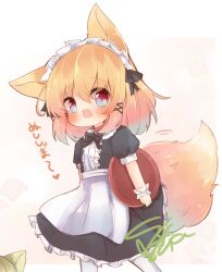 Rule 34 | 1girl, animal ears, apron, black bow, black ribbon, blonde hair, blush, bow, child, choker, fox ears, fox girl, fox tail, frills, hair ribbon, holding, holding tray, looking at viewer, maid, maid apron, maid headdress, open mouth, original, puffy short sleeves, puffy sleeves, red choker, ribbon, short hair, short sleeves, smile, solo, sunapua, tail, thighhighs, tray, white apron, white thighhighs, wrist cuffs