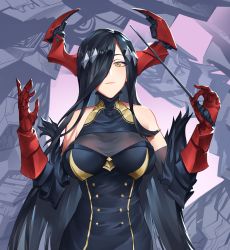 Rule 34 | 1girl, azur lane, bare shoulders, black dress, black hair, breasts, closed mouth, conductor baton, dress, friedrich der grosse (azur lane), gloves, hair ornament, hair over one eye, hands up, highres, holding, horns, large breasts, long hair, looking at viewer, machinery, red gloves, red horns, shinidei, simple background, sleeveless, sleeveless dress, smirk, solo, turtleneck, turtleneck dress, upper body, very long hair, yellow eyes