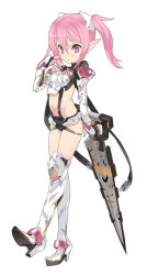 Rule 34 | 1girl, armor, bad id, bad pixiv id, bikini armor, blade (galaxist), boots, full body, gunblade, high heels, midriff, navel, neighbor quartz, petite, phantasy star, phantasy star online 2, pink eyes, pink hair, pointy ears, shoes, simple background, smile, solo, sword, thigh boots, thighhighs, twintails, weapon, white background