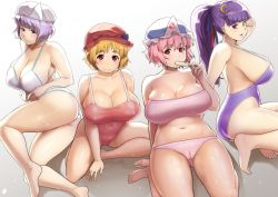 Rule 34 | 4girls, aki minoriko, bare legs, bare shoulders, barefoot, blonde hair, blue ribbon, blush, breasts, cleavage, crescent, crescent hair ornament, curvy, eyebrows, food, fruit, grapes, hair ornament, hat, huge breasts, large breasts, letty whiterock, long hair, looking at viewer, lying, multiple girls, nishiumi rin, on side, open mouth, panties, patchouli knowledge, pink eyes, pink hair, plump, purple eyes, purple hair, red eyes, red ribbon, ribbon, saigyouji yuyuko, short hair, silver hair, simple background, sitting, smile, sweat, thick eyebrows, touhou, underwear, white background, yellow eyes