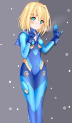 Rule 34 | 10s, 1girl, against wall, aqua eyes, blonde hair, blush, bodysuit, breasts, breath, embarrassed, gloves, grey background, hairband, heavy object, highres, langley1000, looking at viewer, milinda brantini, parted lips, raised eyebrows, sailor collar, short hair, simple background, small breasts, solo, standing, turtleneck