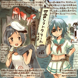 Rule 34 | 10s, 2girls, dated, diving mask, diving mask on head, eyepatch, goggles, goggles on head, hat, ice cream cone, kantai collection, kirisawa juuzou, kiso (kancolle), maru-yu (kancolle), midriff, multiple girls, numbered, pleated skirt, short hair, skirt, swimsuit, translation request, twitter username