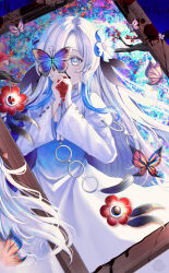 Rule 34 | 1girl, abstract background, absurdres, blood, blood stain, blue dress, blue hair, branch, bug, butterfly, creature, dress, familiar, flower, grey eyes, hair flower, hair ornament, hair over one eye, highres, insect, isekai joucho, kamitsubaki studio, long hair, long sleeves, multicolored hair, own hands together, picture frame, solo, two-tone dress, two-tone hair, upper body, virtual youtuber, white dress, white hair, yang yang030