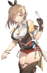 Rule 34 | 1girl, atelier (series), atelier ryza, atelier ryza 3, beret, black choker, bracelet, breasts, brown eyes, brown hair, brown thighhighs, choker, cleavage, hair ornament, hat, highres, holding, holding key, jewelry, key, kildir, large breasts, looking at viewer, pendant, red shorts, reisalin stout, short shorts, shorts, simple background, solo, standing, thighhighs, thighs, white background, white hat, x hair ornament