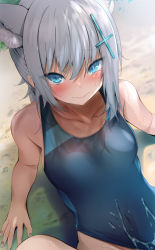 Rule 34 | 1girl, blue archive, blue eyes, blush, cum, cum on clothes, cum on swimsuit, drooling, female focus, fumihiko (fu mihi ko), highres, looking at viewer, outdoors, shiroko (blue archive), shiroko (swimsuit) (blue archive), solo, swimsuit
