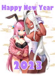 Rule 34 | 2023, :|, absurdres, animal ears, armpits, ass, bare shoulders, black bow, black bowtie, black leotard, blue eyes, blush, bocchi the rock!, boku no hero academia, bow, bowtie, breasts, chinese zodiac, cleavage, closed mouth, clothing cutout, crossover, cube hair ornament, dark-skinned female, dark skin, detached collar, fake animal ears, female focus, fishnet pantyhose, fishnets, fur collar, gloves, gotoh hitori, hair between eyes, hair ornament, hairband, hand on another&#039;s shoulder, hand up, happy new year, highleg, highleg leotard, highres, jacket, large breasts, leotard, leotard under clothes, long eyelashes, long hair, looking at viewer, m.tokotsu, mirko, new year, off shoulder, one side up, pantyhose, parted bangs, pink hair, pink jacket, playboy bunny, rabbit ears, rabbit girl, rabbit pose, rabbit tail, red eyes, sideboob, smile, strapless, strapless leotard, tail, tail through clothes, thighs, track jacket, very long hair, white gloves, white hair, white leotard, wrist cuffs, year of the rabbit