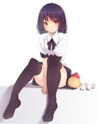 Rule 34 | 1girl, between legs, black bow, black bowtie, black hair, black skirt, black thighhighs, blush, bow, bowtie, closed mouth, creature, full body, hand between legs, hat, knees up, oimo (imoyoukan), open mouth, over-kneehighs, puffy short sleeves, puffy sleeves, red eyes, red hat, shameimaru aya, shirt, short hair, short sleeves, simple background, sitting, skirt, smile, solo, tareme, thighhighs, thighs, tokin hat, touhou, triangle mouth, unworn hat, unworn headwear, white background, white shirt, zettai ryouiki