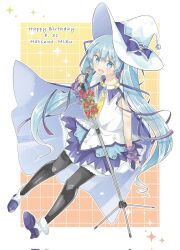 Rule 34 | 1girl, aqua eyes, aqua hair, aqua nails, bare arms, black pantyhose, boots, border, character name, collar, corrupted twitter file, dated, fingerless gloves, floating, flower, full body, gloves, grid background, hair ribbon, happy birthday, hat, hat ribbon, hatsune miku, high heel boots, high heels, highres, holding, holding microphone, large hat, layered skirt, long hair, looking at viewer, microphone, microphone stand, mikosawa megumi, miniskirt, nail polish, necktie, open mouth, pantyhose, purple collar, purple gloves, purple ribbon, purple skirt, red flower, red ribbon, red rose, ribbon, rose, shirt, skirt, sleeveless, sleeveless shirt, smile, snowflake hat ornament, solo, sparkle, treble clef, twintails, variant set, very long hair, vocaloid, white border, white footwear, white hat, white shirt, witch hat, yellow necktie, yuki miku, yuki miku (2014)